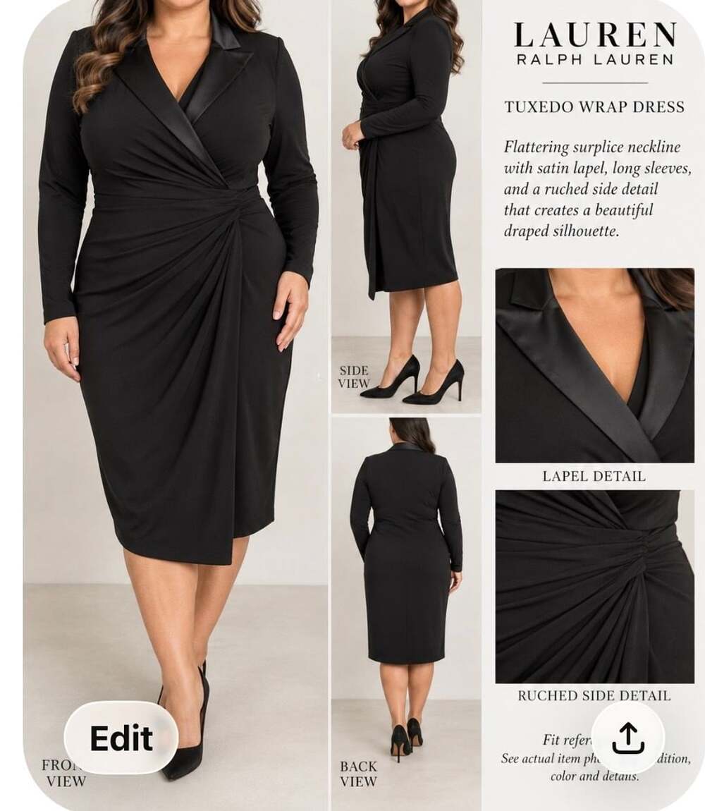 Lauren Ralph Lauren Dress 18 Black Tuxedo Satin Lapel Ruched Faux Wrap Midi